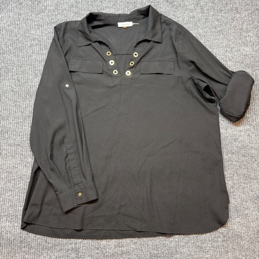 Chic Career Black Blouse 1X Gold Eyelet V Neck Roll Tab Chic Calvin Klein